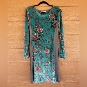 Aldo Martins Spring Teal Floral Velvet Long Sleeve Dress w/Gray Side Panels Sz M
